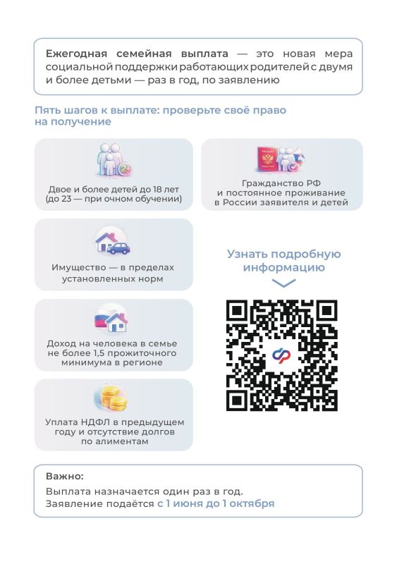 С 1 июня начался приём заявлений на новую ежегодную семейную выплату С 1 июня начался приём заявлений на новую ежегодную семейную выплату