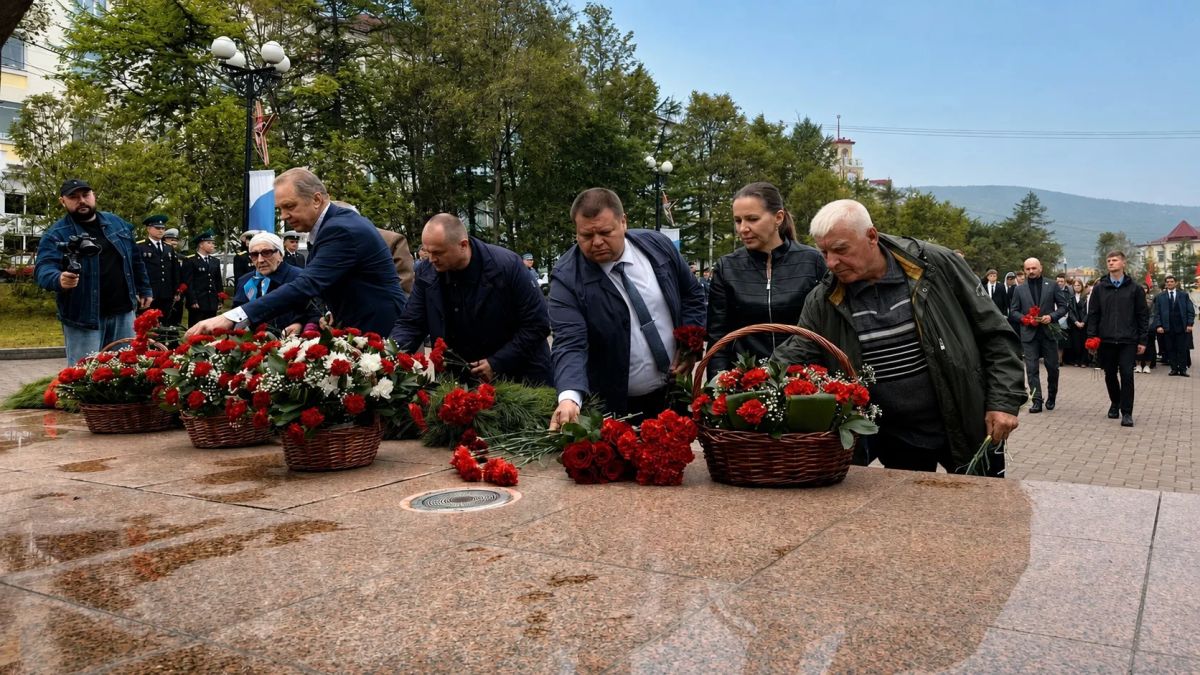 В сквере Победы у монумента «Узел памяти» состоялась торжественная церемония возложения цветов, посвящённая 81-й годовщине со Дня Победы над милитаристской Японией и окончания Второй мировой войны В сквере Победы у монумента «Узел памяти» состоялась торжественная церемония возложения цветов, посвящённая 81-й годовщине со Дня Победы над милитаристской Японией и окончания Второй мировой войны